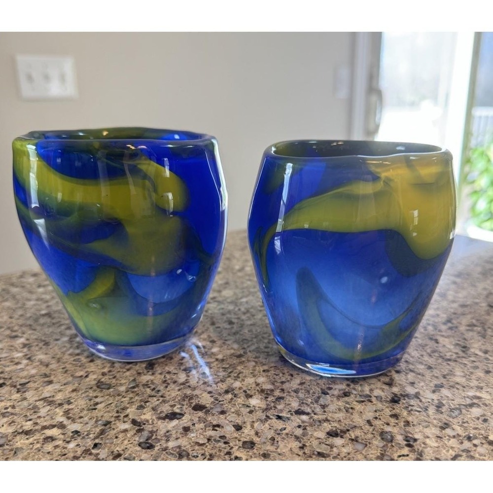 Cary Ferguson 2007 Signed Art Glass Tumblers Blue Chartreuse Swirl Votives Pair